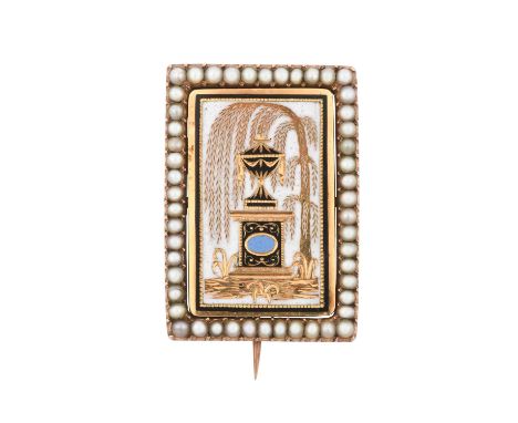 A Georgian Enamel and Split Pearl Swivel Mourning Brooch the rectangular plaque enamelled to depict an urn and weeping willow