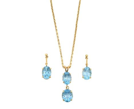An 18 Carat Gold Blue Topaz Pendant on Chain and A Pair of 18 Carat Gold Blue Topaz Drop Earrings the two chain linked oval c