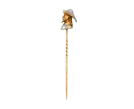 A Cultured Pearl Stick Pinrealistically modelled as a bearded gentleman with a feathered hat, the domed section comprising of