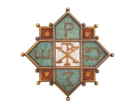 A Micro Mosaic Brooch/Pendant the centre in white depicting the Greek symbol for Chi Rho, within a surround of four turquoise