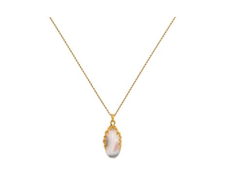 An 18 Carat Gold Agate and Diamond Pendant on Chainthe oval banded agate plaque in a yellow textured mount, with a single rou