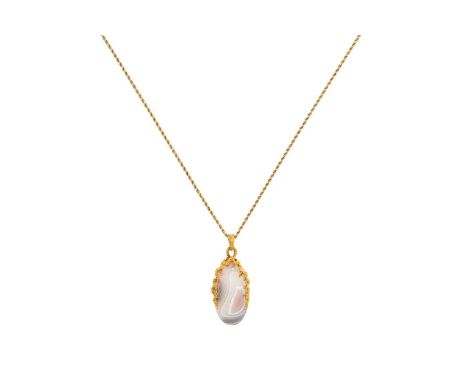 An 18 Carat Gold Agate and Diamond Pendant on Chainthe oval banded agate plaque in a yellow textured mount, with a single rou