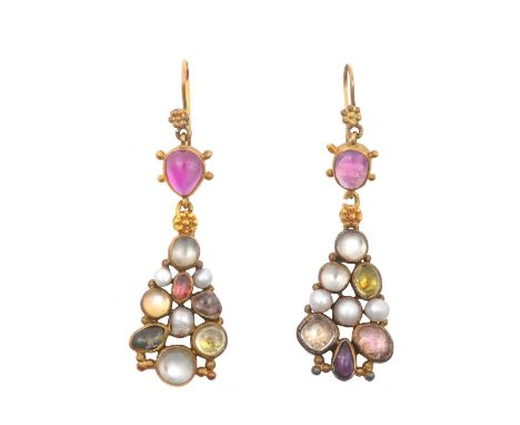 A Pair of Multi-Gem Set Arts &amp; Crafts Drop Earringsa pear cabochon synthetic ruby suspends a drop comprising of vari-shap