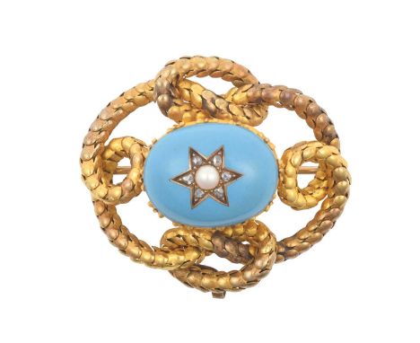 A Victorian Enamel, Diamond and Split Pearl Brooch/Pendant the central oval dome enamelled in blue with a star motif centrall