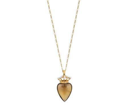 A Smoky Quartz Pendant on Chainthe heart cabochon smoky quartz surmounted by a yellow coronet set throughout with cultured pe