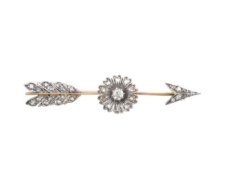 A Late Victorian Diamond Arrow Broochthe point and feathers set throughout with rose cut diamonds, with a floral cluster cent