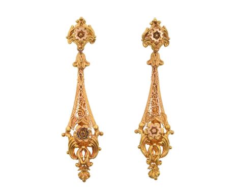 A Pair of Mid-Victorian Drop Earringsa yellow plain polished cartouche form with a floral motif centrally, suspending an open