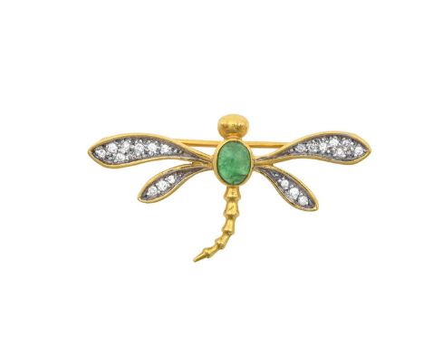 Two 18 Carat Gold Gem-Set Dragonfly Broochesone with an oval cabochon ruby body, the other an oval cabochon emerald, the wing