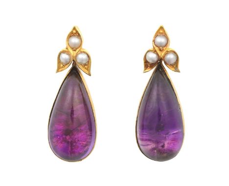 A Pair of Amethyst and Split Pearl Drop Earrings a trefoil motif of split pearls suspends a pear cabochon amethyst, in yellow