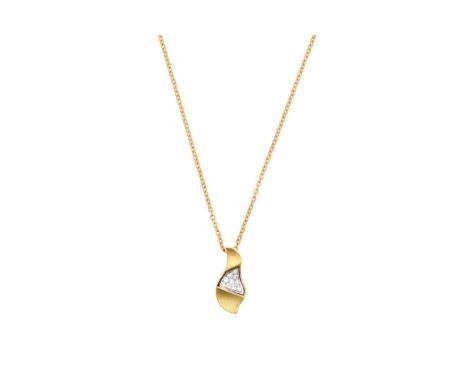 A Diamond Pendant on Chainthe matte yellow abstract form pavé set centrally with round brilliant cut diamonds, on a trace lin