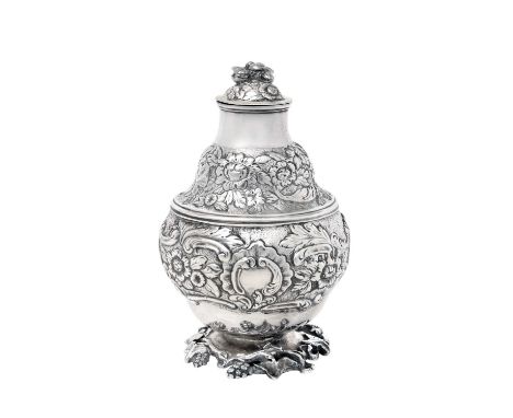 A George III Silver Tea-Caddy,  by Edward Farrell, London, 1817 inverted pear-shaped and on openwork foliage and fruiting bas