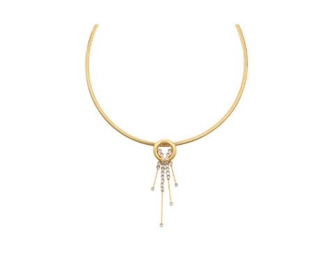 A Diamond Pendant on Chainthe round plain polished frame, overlaid with round brilliant cut diamond tassel motifs, in rubbed 