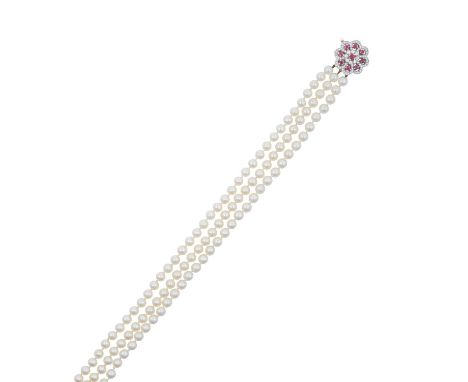 A Triple Row Cultured Pearl Necklace, with An 18 Carat Gold Ruby and Diamond Cluster Claspthe 64:66:67 cultured pearls knotte