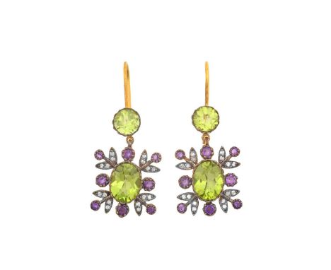 A Pair of Peridot, Amethyst and Diamond Earrings and A Pair of Sapphire, Split Pearl and Diamond Earringsan oval cut peridot 