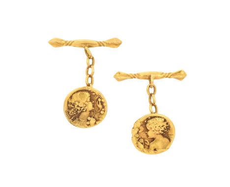 A Pair of Art Nouveau Cufflinks, signed Vernier the circular plaques depicting a classical maiden chain linked to a twisted b