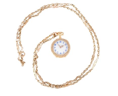 A Lady's 18 Carat Gold Diamond and Pearl Set Enamel Fob Watch, circa 1900, manual wound lever movement, enamel dial with blue