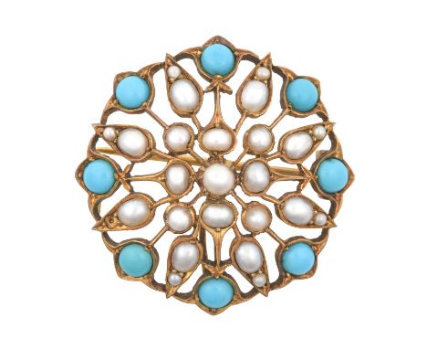 An Early 20th Century Turquoise and Split Pearl Brooch/Pendant the central raised split pearl to eight radiating arms set thr