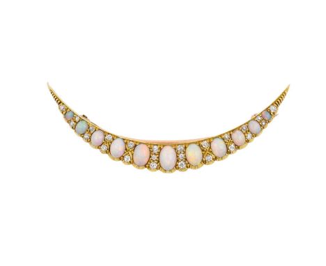 A Victorian Opal and Diamond Crescent Broocheleven graduated oval cabochon opals spaced by old cut diamonds, in yellow claw s