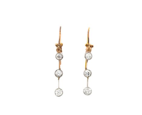 A Pair of Diamond Drop Earringsthree old cut diamonds in white millegrain settings, spaced by plain polished bars, total esti