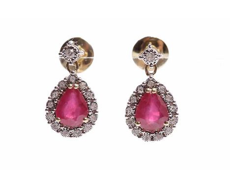 PAIR OF RUBY AND DIAMOND DROP EARRINGS
each set with a pear shaped ruby measuring approximately 7mm x 6mm, surrounded by a ro