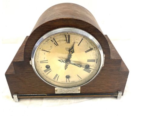 Oak Enfield mantel three key hole clock with key and pendulum, untested 