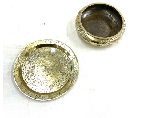 Vintage brass bowl and plate etched with Chinese design, plate diameter approx 24cm