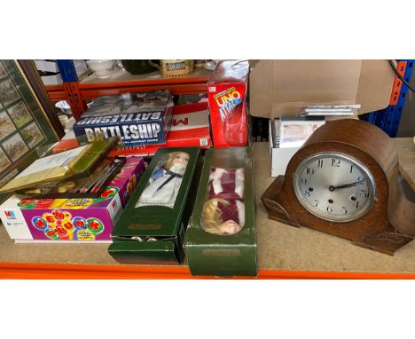 Selection of miscellaneous to include framed cigarette card, print, clock(spares and repairs), pot dolls, board games etc 