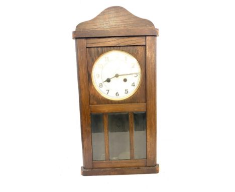 Edwardian two key hole oak wall clock with key and pendalum, untested 