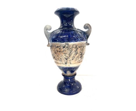 vintage blue two handled vase with greek design measures approx 18 inches tall