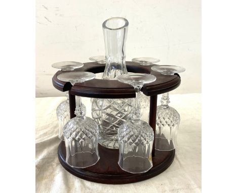 Cristal D'arques cuts glass decanter and  glass set on a wooden display 