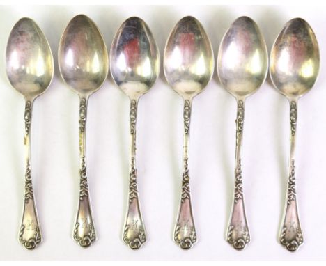 6 Teelöffel, 800er Silber, floral reliefierte Stiele mit Monogr. "K", rücks. dat. 1916, ges. 111 g, L. 13,3 cm