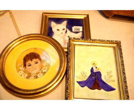 Three ceramic pictures by Avis Ballard (Spain), largest 20 x 25 cm. This lot is not available for in-house P&amp;P. 
