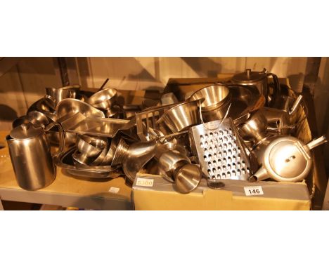 Shelf of stainless steel kitchenware. This lot is not available for in-house P&amp;P. 