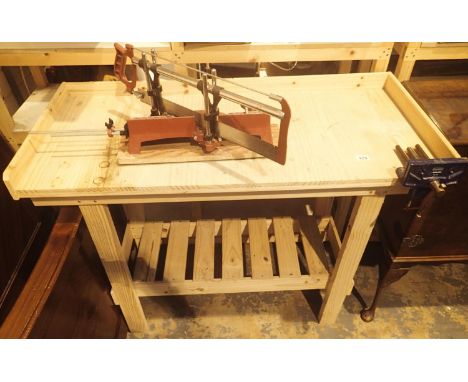 Pine workshop bench with mitre saw and vice. This lot is not available for in-house P&amp;P. 
