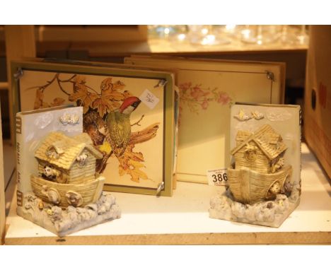 Two screw down flower presses and a pair of ceramic childrens bookends. This lot is not available for in-house P&amp;P. 