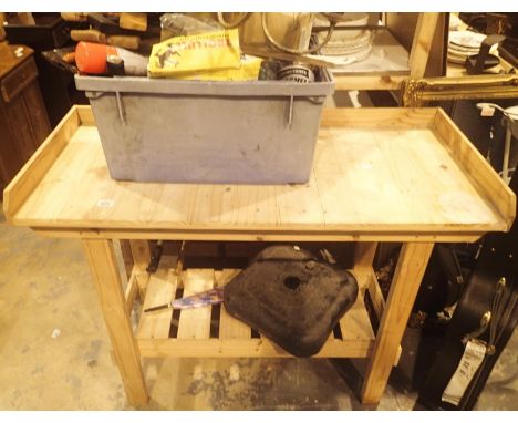 Large pine workbench and a box of mixed tools etc. This lot is not available for in-house P&amp;P. 