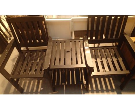 Black painted pine double seat garden bench with tray between, L: 160 cm. This lot is not available for in-house P&amp;P. 