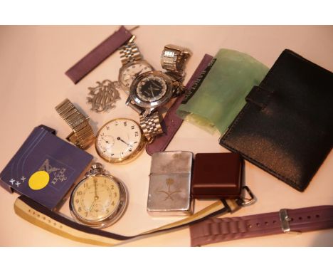 Box of collectables to include a stopwatch, pocket watch, Zippo lighter and Merseyside Police badge. P&amp;P Group 1 (£14+VAT