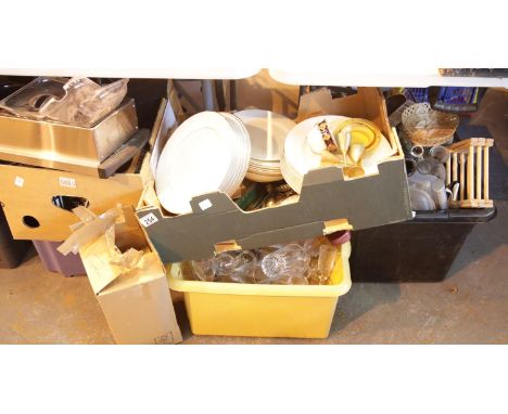 Seven boxes of mixed household ceramics, glass, pictures etc. This lot is not available for in-house P&P.Condition Report: Al