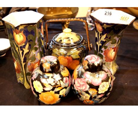 Two Bursley ware early 20thC vases, pair of Oriental type ginger jars and a ceramic biscuit barrel. This lot is not available
