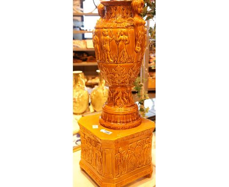 Brown ceramic jardiniere and base. This lot is not available for in-house P&amp;P. 