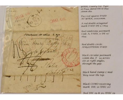 Great Britain. A December 8 1834 York entire between two brothers to Como, Italy and redirected to Nice. A busy entire on bot