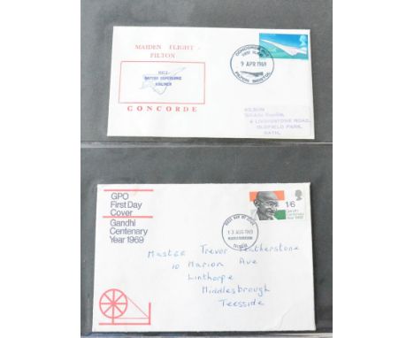 Great Britain. 1969 to 1991 First Day Covers in four albums. Includes 1969 Concorde with Filton cancel. Three bundles of Pres