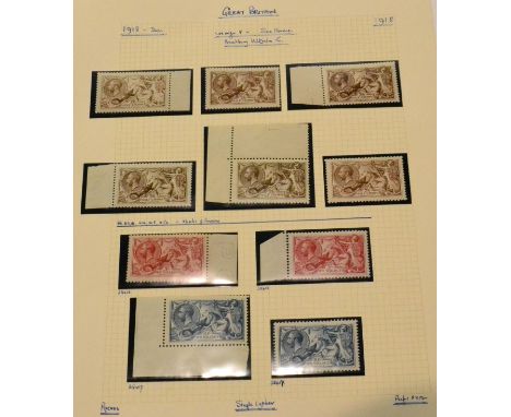 Great Britain. 1918 2s6d to 10s Bradbury Wilkinson. A page of fine mint or unmounted Seahorses. Six 2s6d, covering all shades