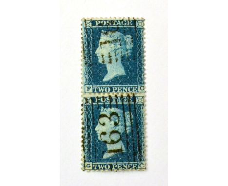 Great Britain. 1855 2d Blue, Plate 5, Perf 14, watermark small crown, vertical pair FC/GC. Used with the black 163 'hand roll