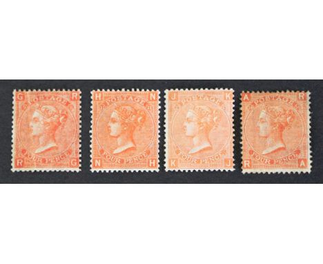 Great Britain. 1865 to 1867 4d R-G Plate 9, N-H Plate 11, K-J Plate 13 and R-A Plate 14. All unused, variable condition