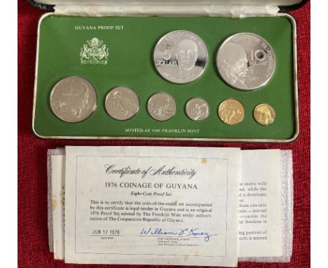 COINS 1976 Guyana proof coin set with Silver £5 and £10 coins 