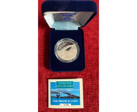 COINS 1996 Auckland $5 Silver Proof with cert 28.28g