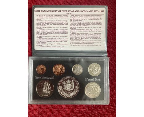 COINS 1983 New Zealand proof set 50th Anniversary of Coinage including Silver $1 coin (27g)