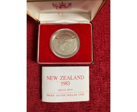 COINS 1983 New Zealand proof silver $1 in display box with cert